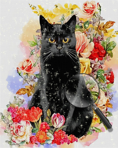 Schwarze Katze in Blumen Diamond Painting