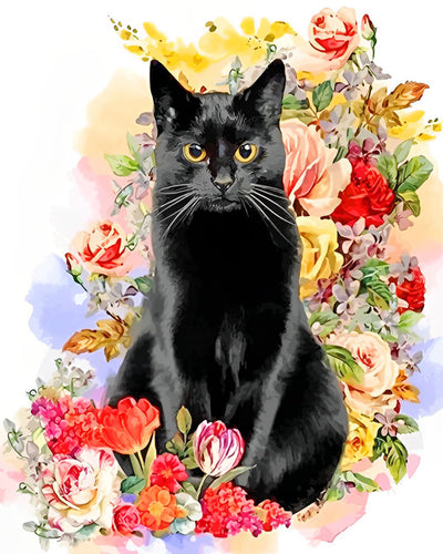 Schwarze Katze in Blumen Diamond Painting
