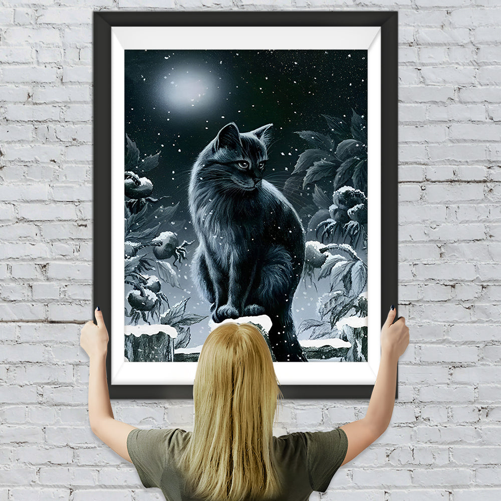 Schwarze Katze in der Schneenacht Diamond Painting