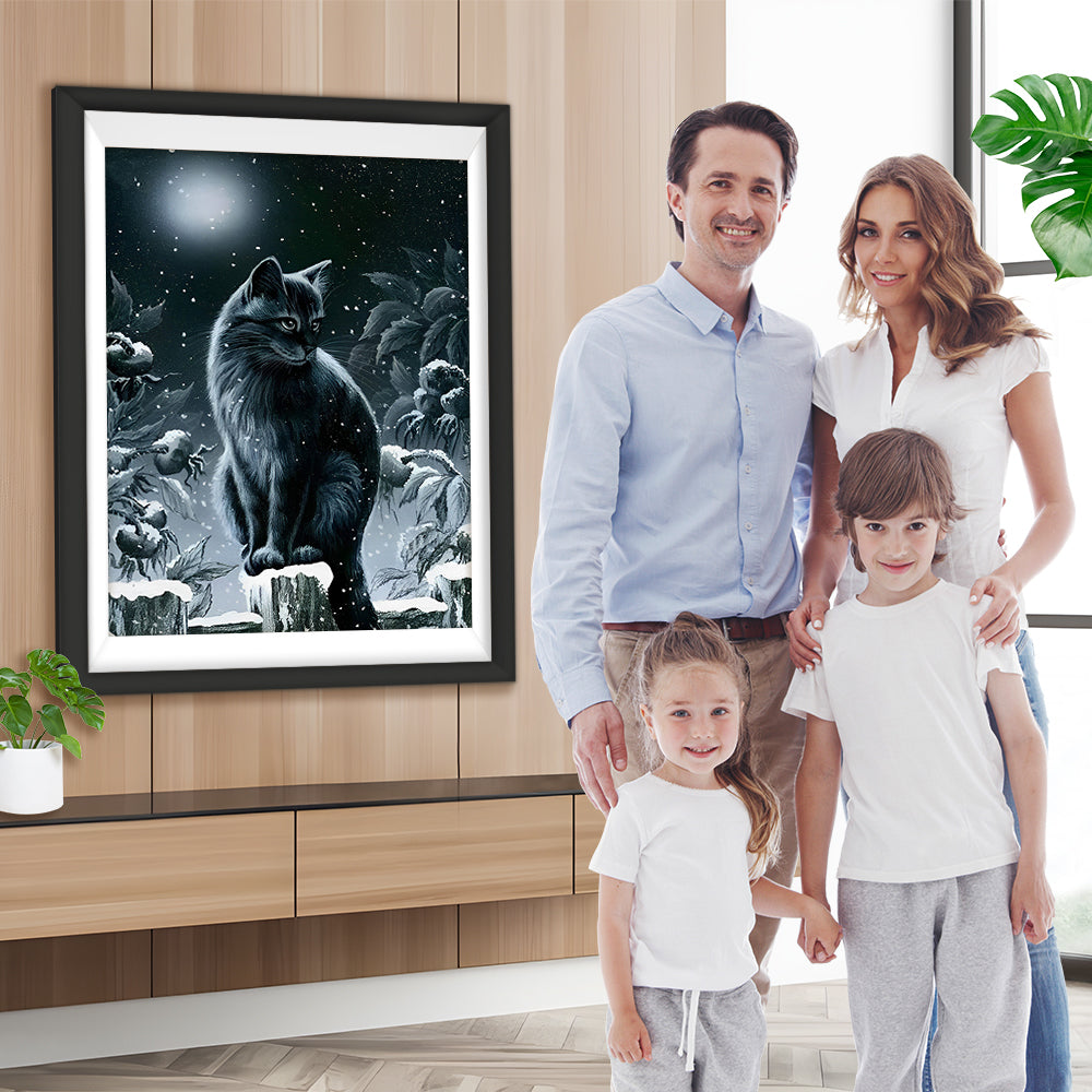Schwarze Katze in der Schneenacht Diamond Painting