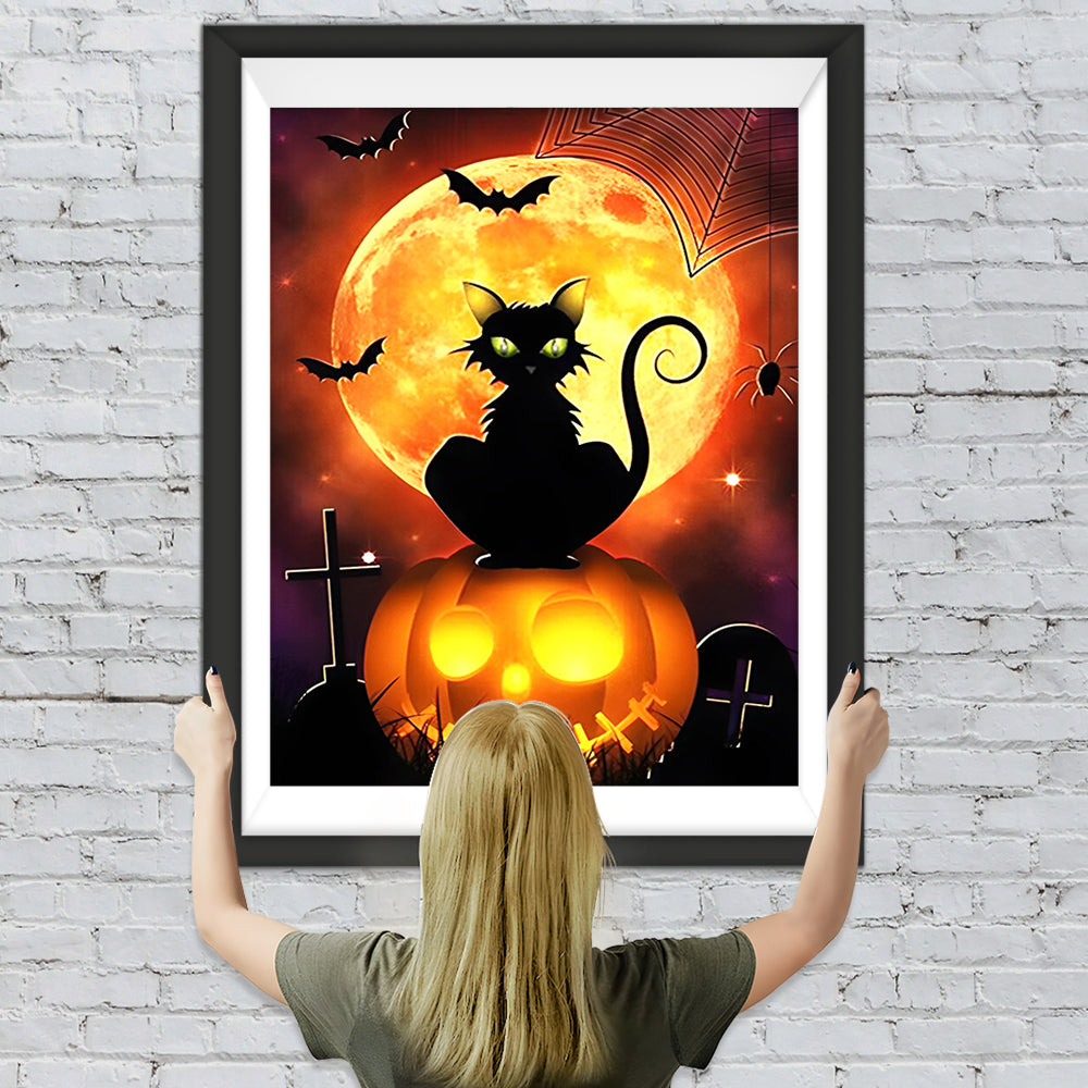 Schwarze Katze, Kürbislaterne und Vollmond Diamond Painting