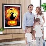 Schwarze Katze, Kürbislaterne und Vollmond Diamond Painting