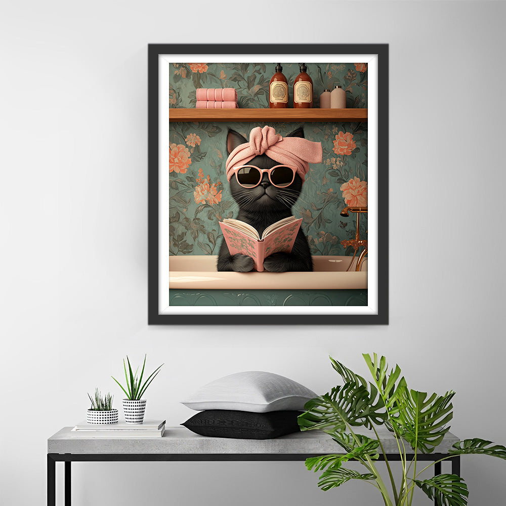 Schwarze Katze liest ein Buch Diamond Painting