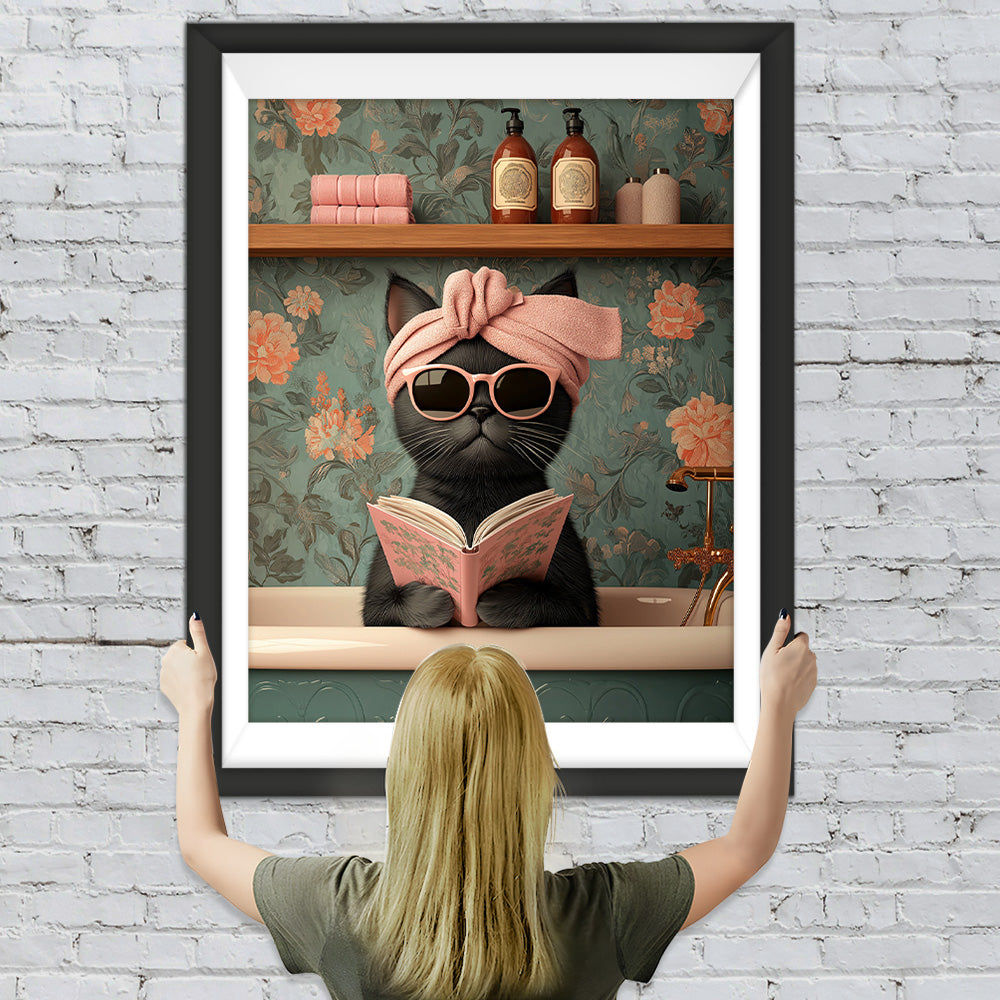 Schwarze Katze liest ein Buch Diamond Painting