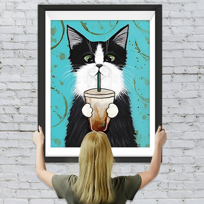 Schwarze Katze mit Kaffee Diamond Painting