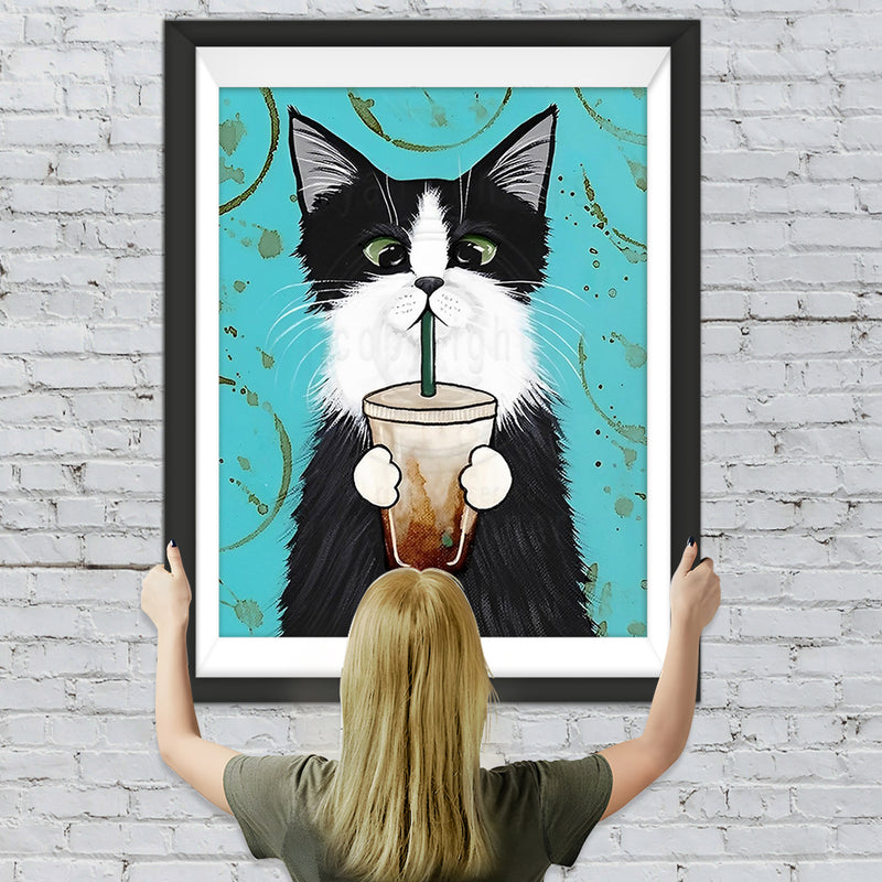 Schwarze Katze mit Kaffee Diamond Painting