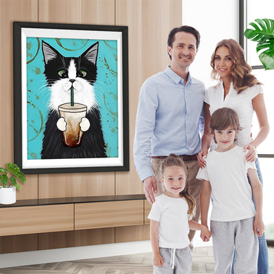 Schwarze Katze mit Kaffee Diamond Painting