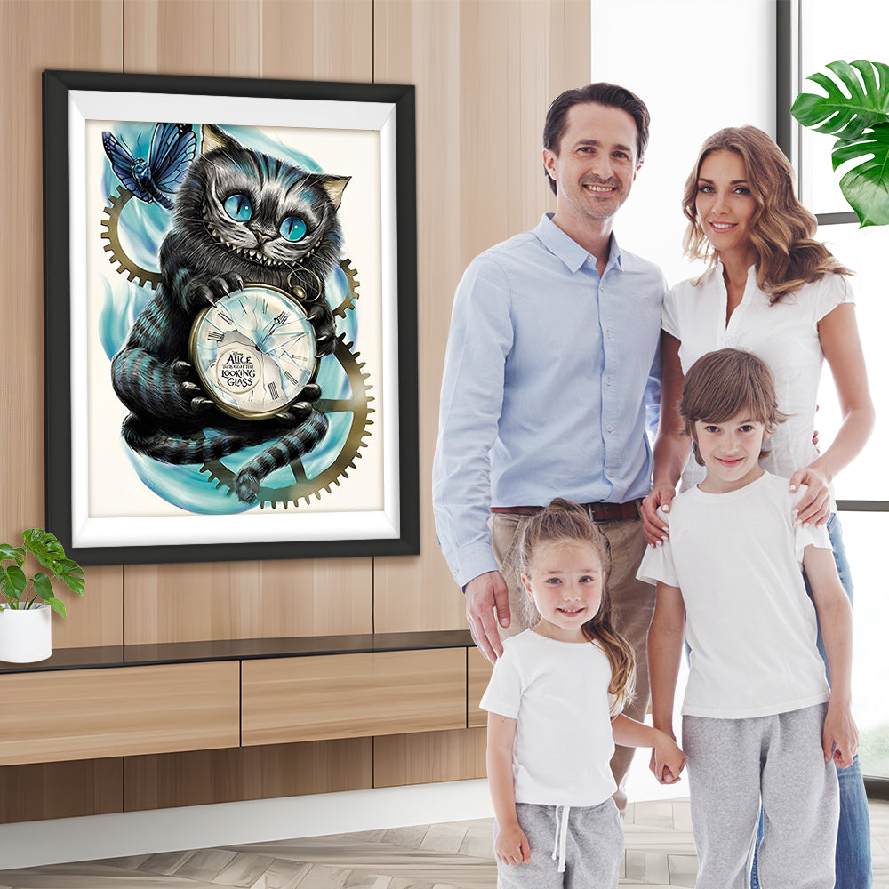 Schwarze Katze mit Uhr Diamond Painting