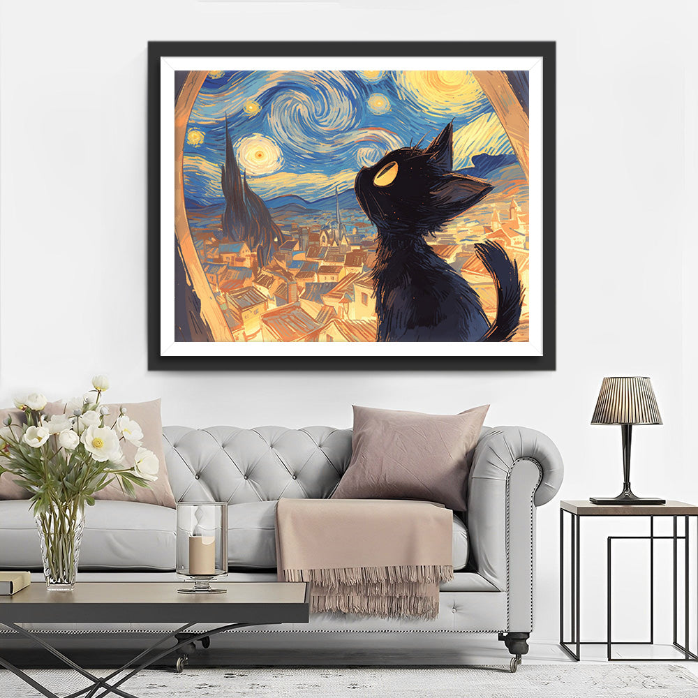 Schwarze Katze schaut in den Sternenhimmel Diamond Painting