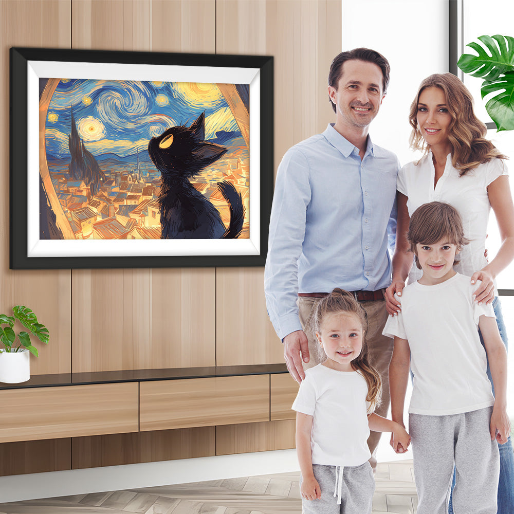 Schwarze Katze schaut in den Sternenhimmel Diamond Painting