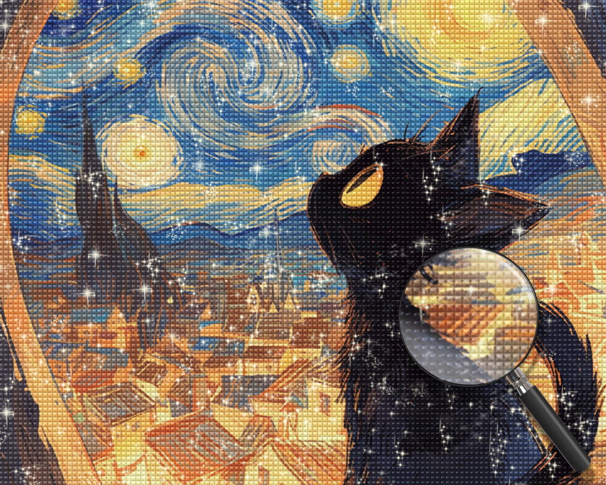Schwarze Katze schaut in den Sternenhimmel Diamond Painting