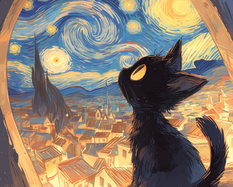 Schwarze Katze schaut in den Sternenhimmel Diamond Painting