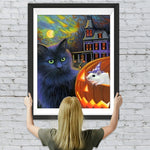 Schwarze Katze, Schloss und Kürbislaterne Diamond Painting