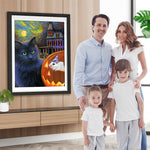 Schwarze Katze, Schloss und Kürbislaterne Diamond Painting