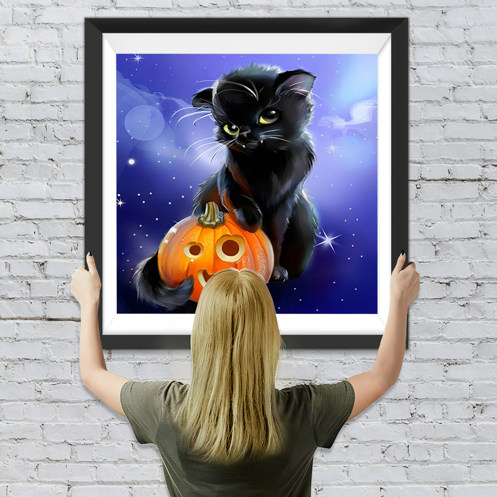 Schwarze Katze und Dämon-Kürbis Diamond Painting