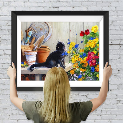 Schwarze Katze und Gartengeräte Diamond Painting