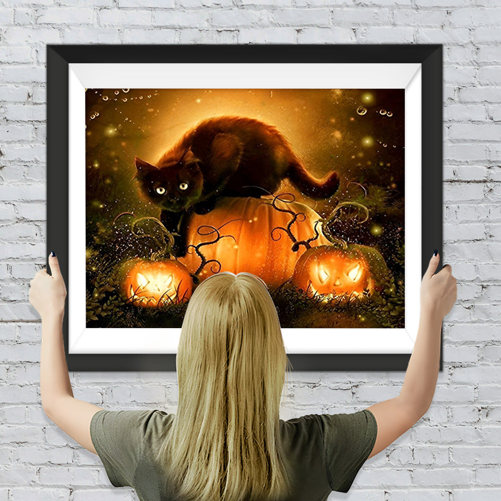 Schwarze Katze und Kürbislaternen Diamond Painting