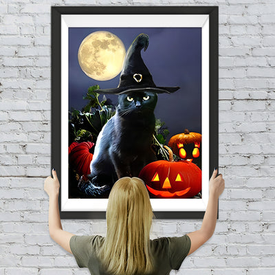 Schwarze Katze und Kürbislaternen in der Nacht Diamond Painting