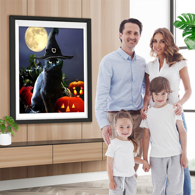 Schwarze Katze und Kürbislaternen in der Nacht Diamond Painting