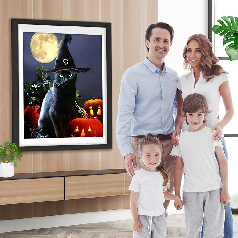 Schwarze Katze und Kürbislaternen in der Nacht Diamond Painting