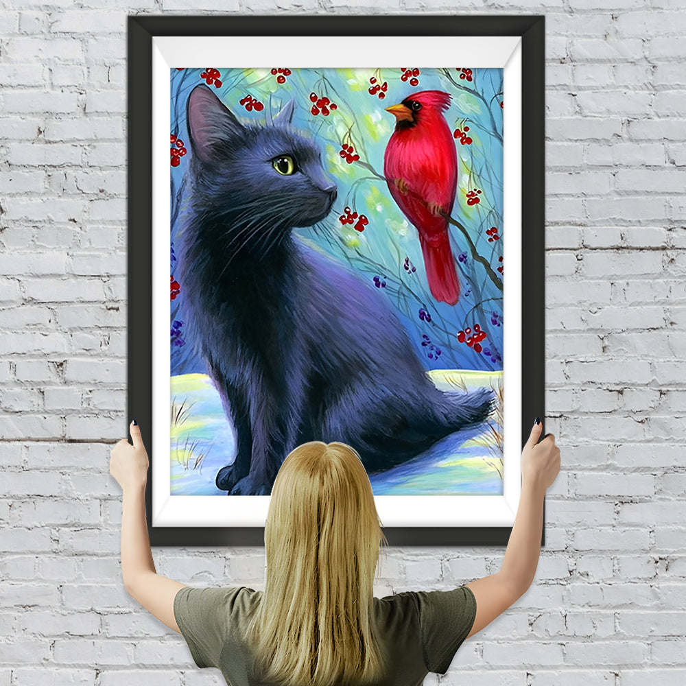 Schwarze Katze und roter Vogel Diamond Painting