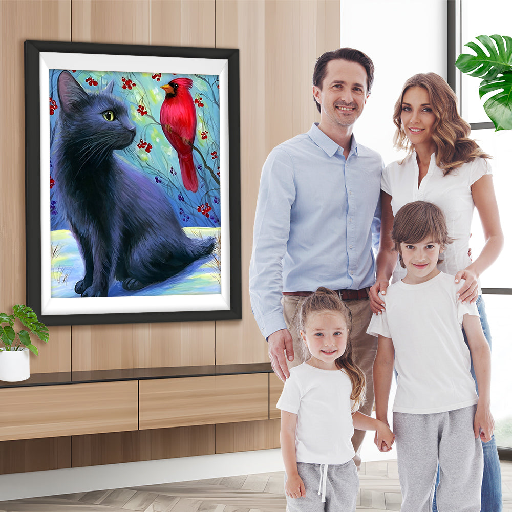Schwarze Katze und roter Vogel Diamond Painting