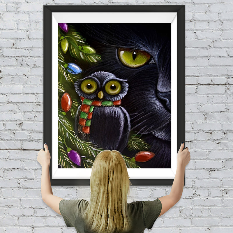 Schwarze Katze und schwarze Eule Diamond Painting