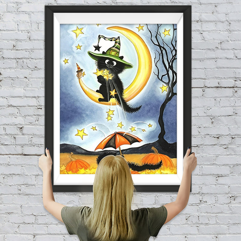 Schwarze Katze und Sichelmond an Halloween Diamond Painting
