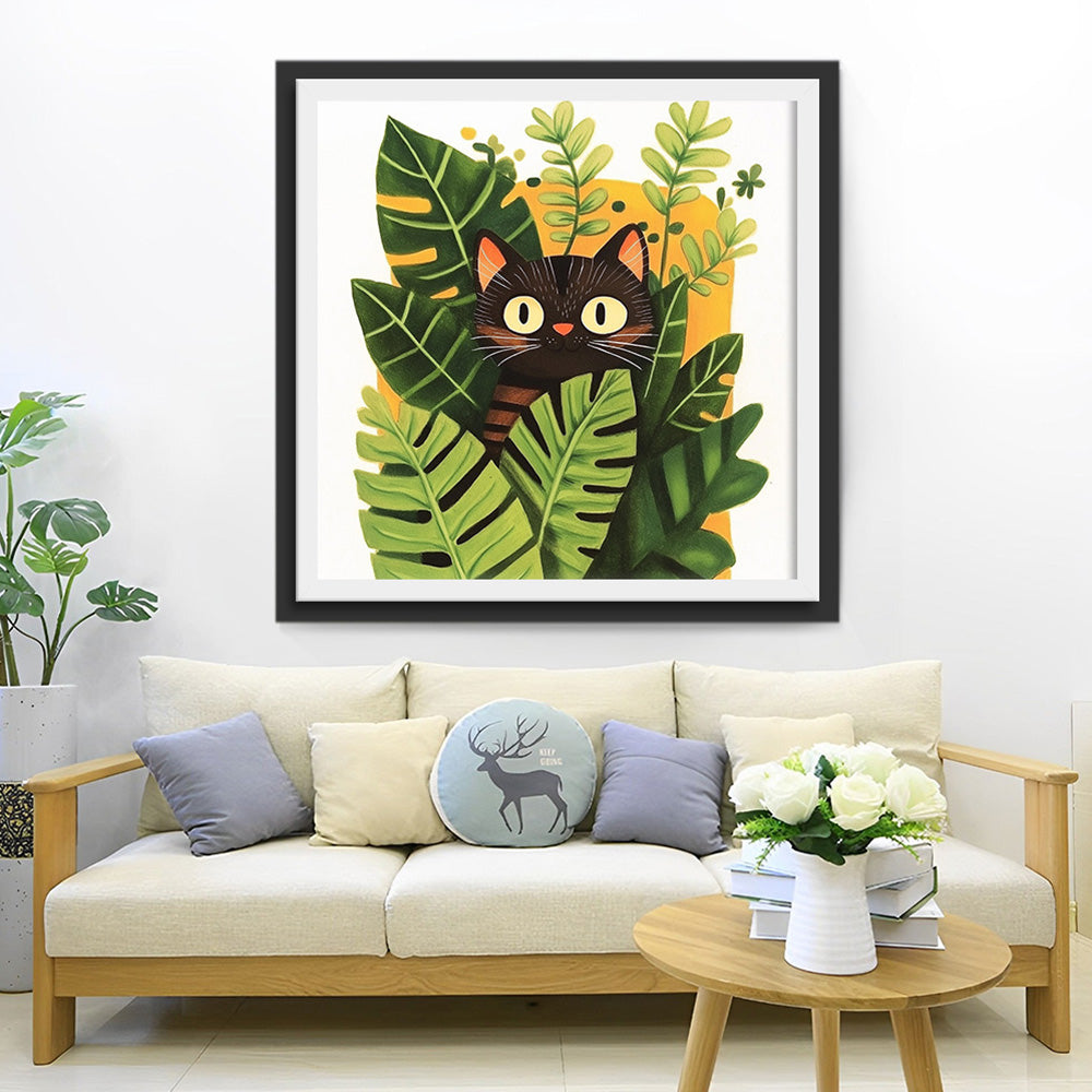 Schwarze Katze versteckt sich in Topfpflanzen Diamond Painting