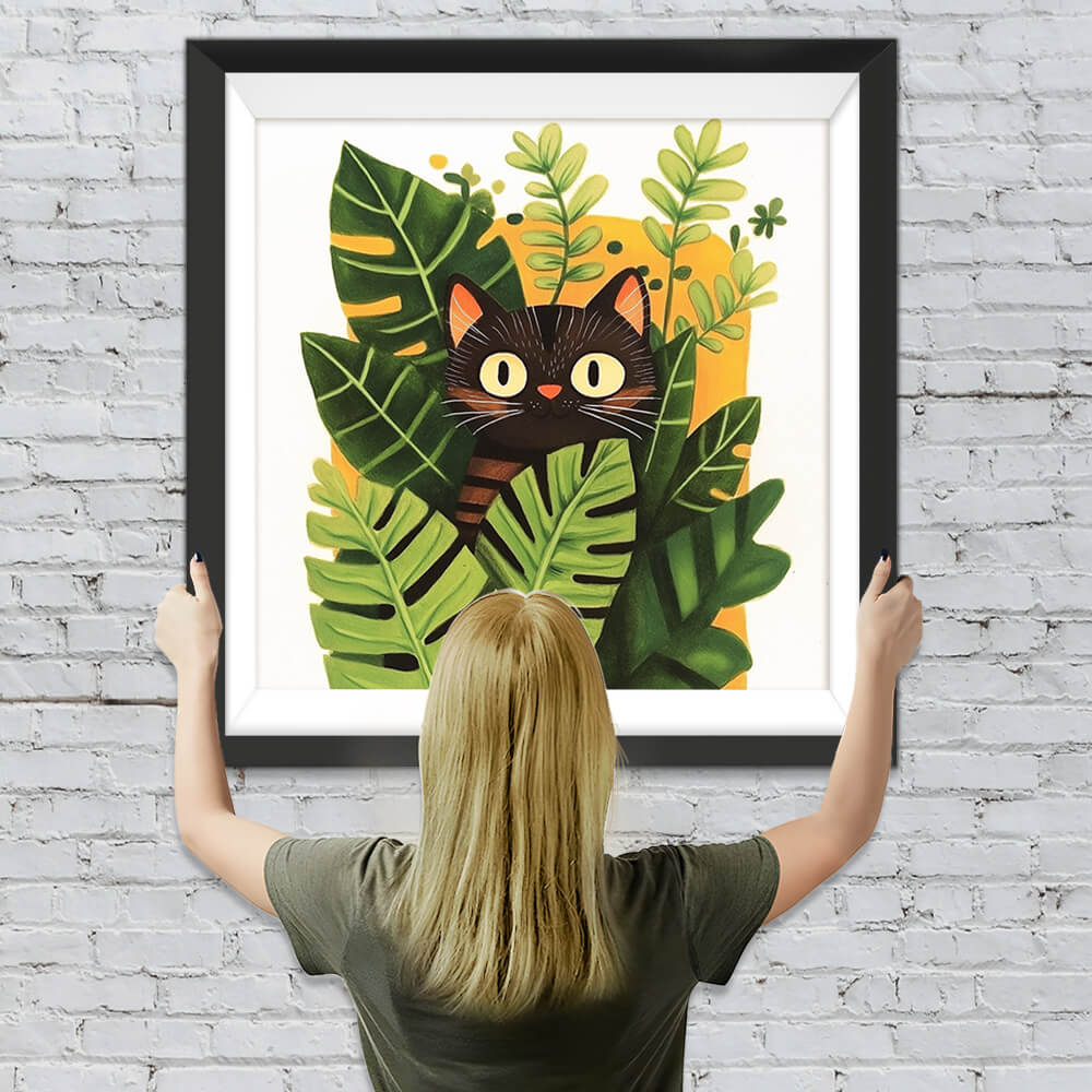 Schwarze Katze versteckt sich in Topfpflanzen Diamond Painting