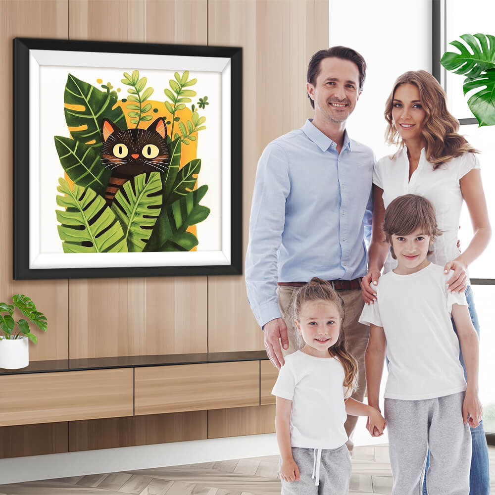 Schwarze Katze versteckt sich in Topfpflanzen Diamond Painting