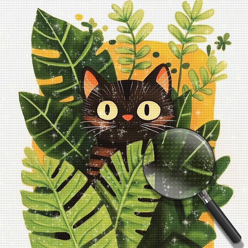 Schwarze Katze versteckt sich in Topfpflanzen Diamond Painting