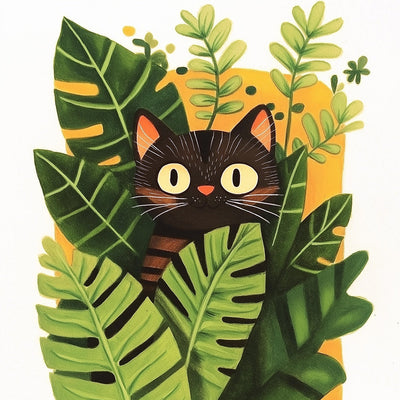 Schwarze Katze versteckt sich in Topfpflanzen Diamond Painting