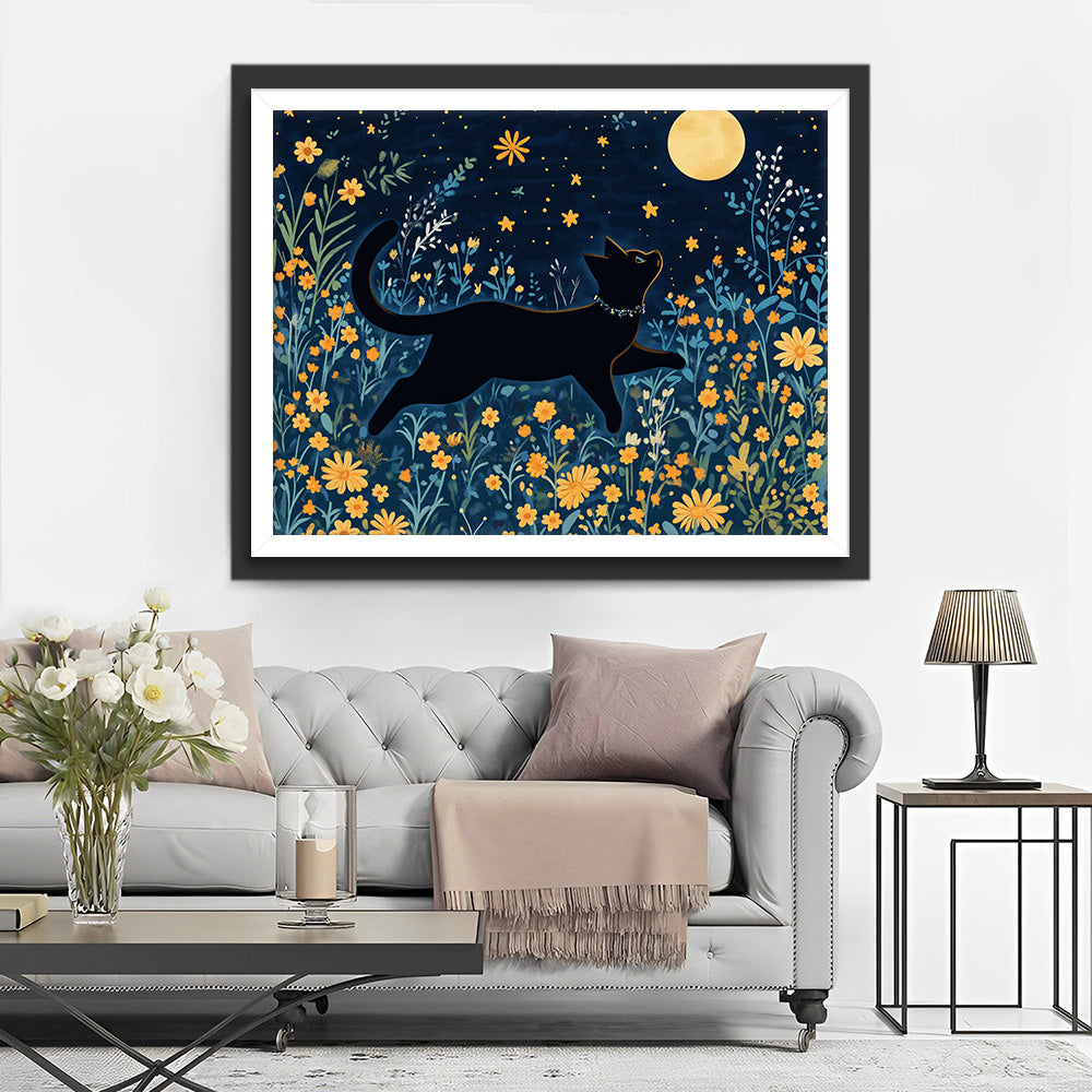 Schwarze Katze zwischen gelben Blumen bei Vollmond Diamond Painting
