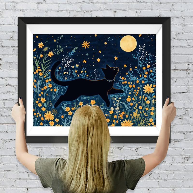 Schwarze Katze zwischen gelben Blumen bei Vollmond Diamond Painting