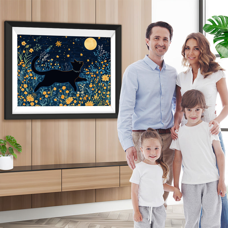 Schwarze Katze zwischen gelben Blumen bei Vollmond Diamond Painting
