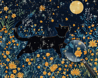Schwarze Katze zwischen gelben Blumen bei Vollmond Diamond Painting