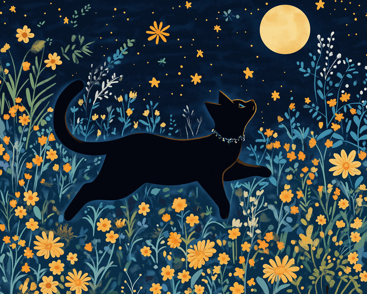 Schwarze Katze zwischen gelben Blumen bei Vollmond Diamond Painting