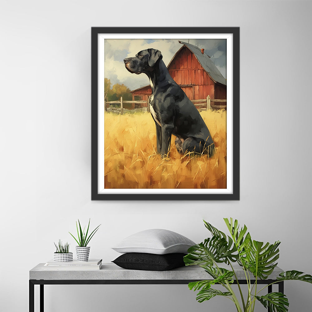 Schwarzer Hund auf der Herbstfarm Diamond Painting