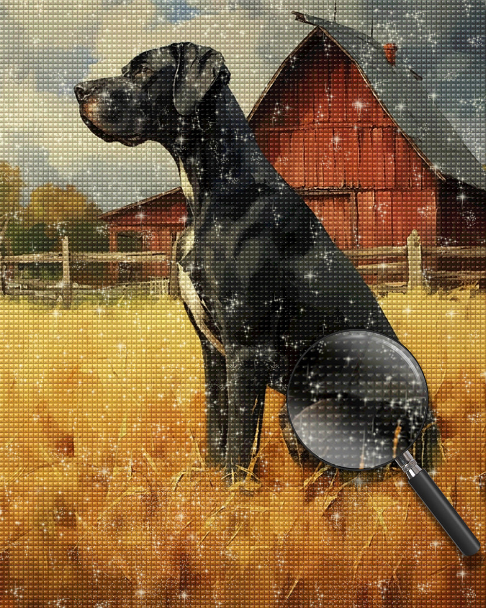 Schwarzer Hund auf der Herbstfarm Diamond Painting