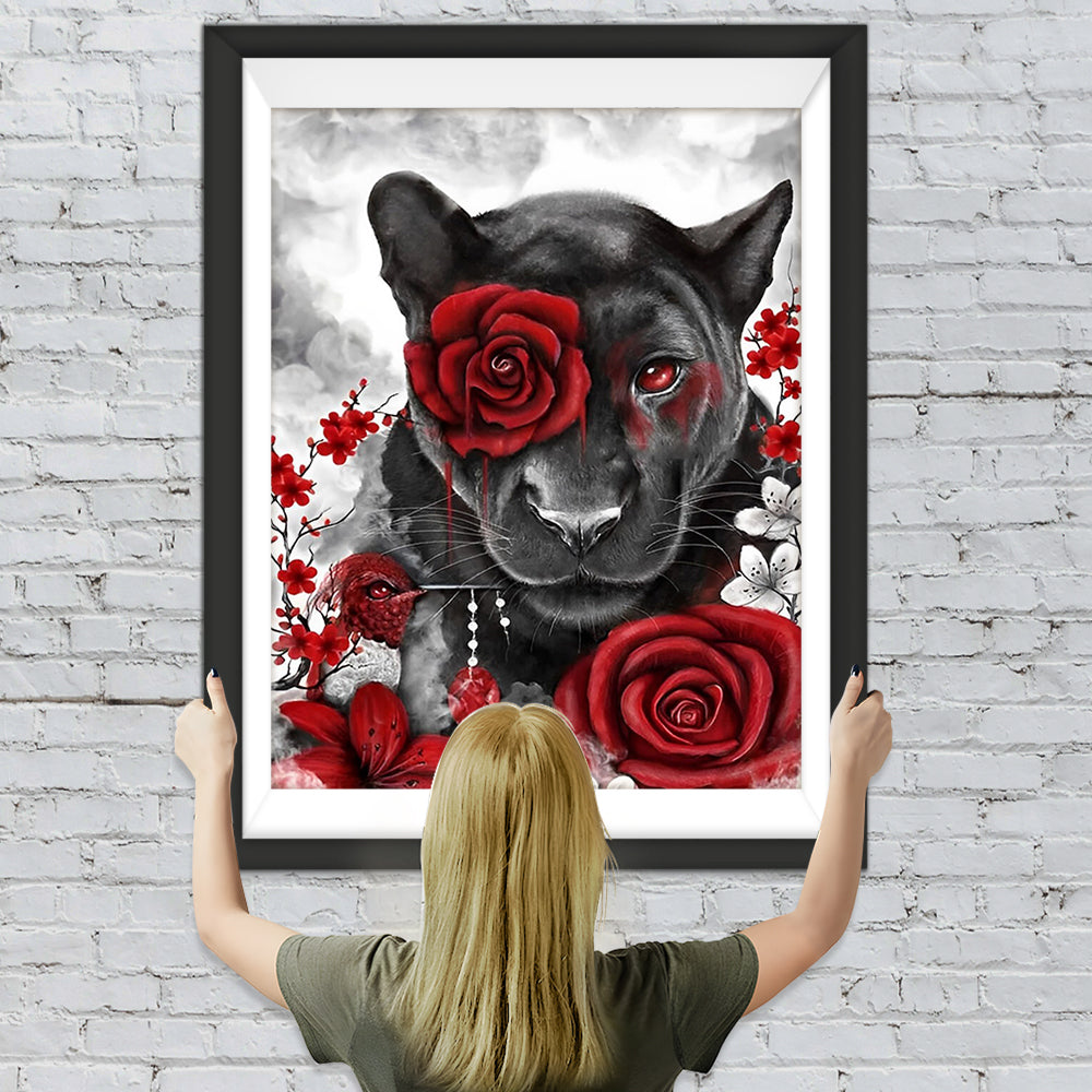 Schwarzer Löwe in roten Rosen Diamond Painting