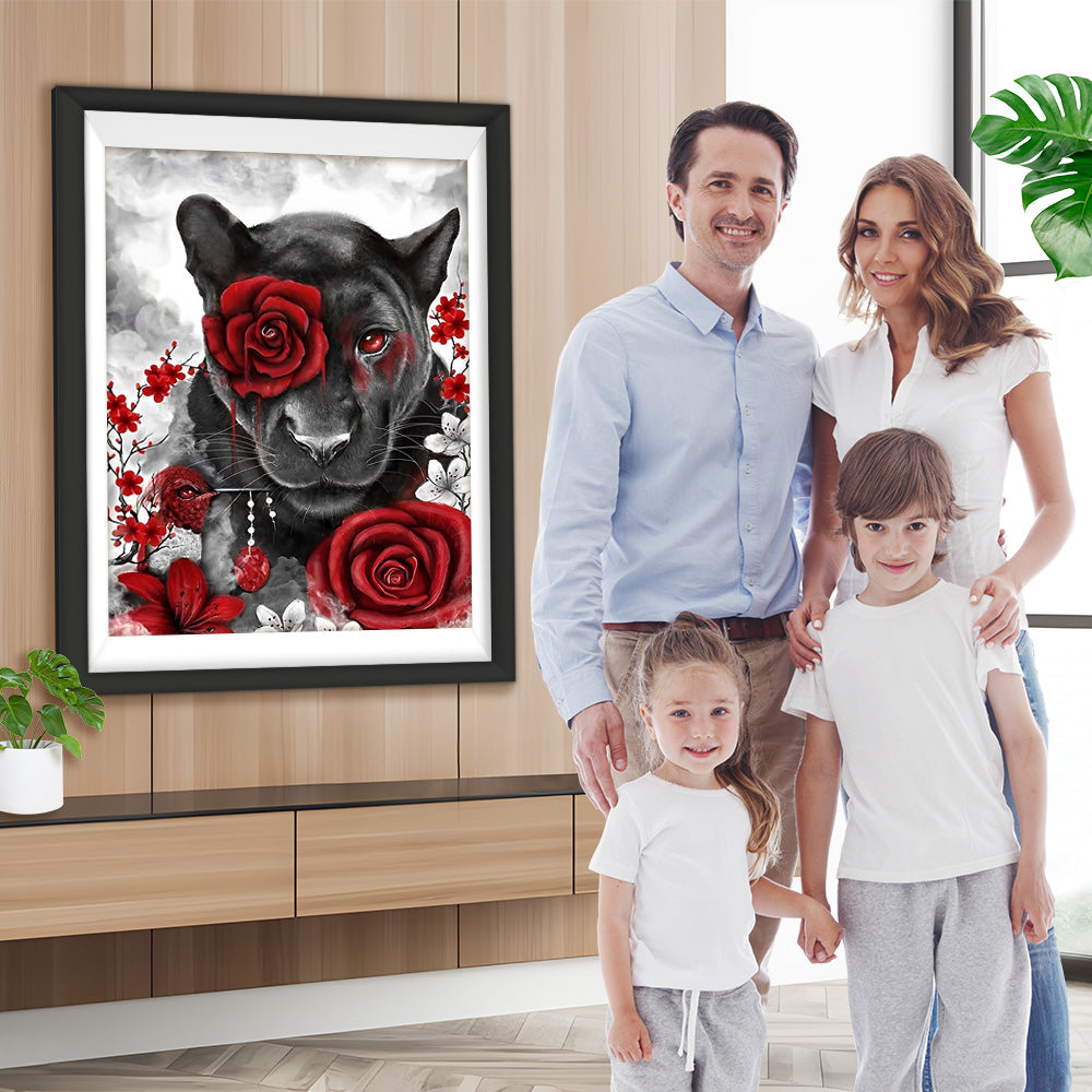 Schwarzer Löwe in roten Rosen Diamond Painting