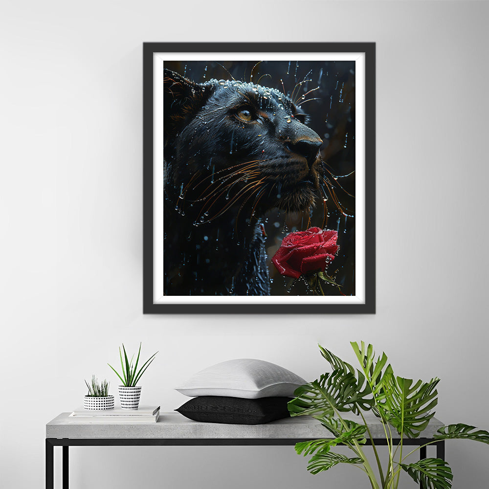 Schwarzer Panther und Rote Rose im Regen Diamond Painting