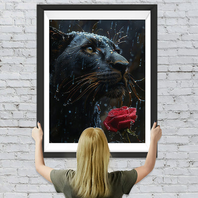 Schwarzer Panther und Rote Rose im Regen Diamond Painting