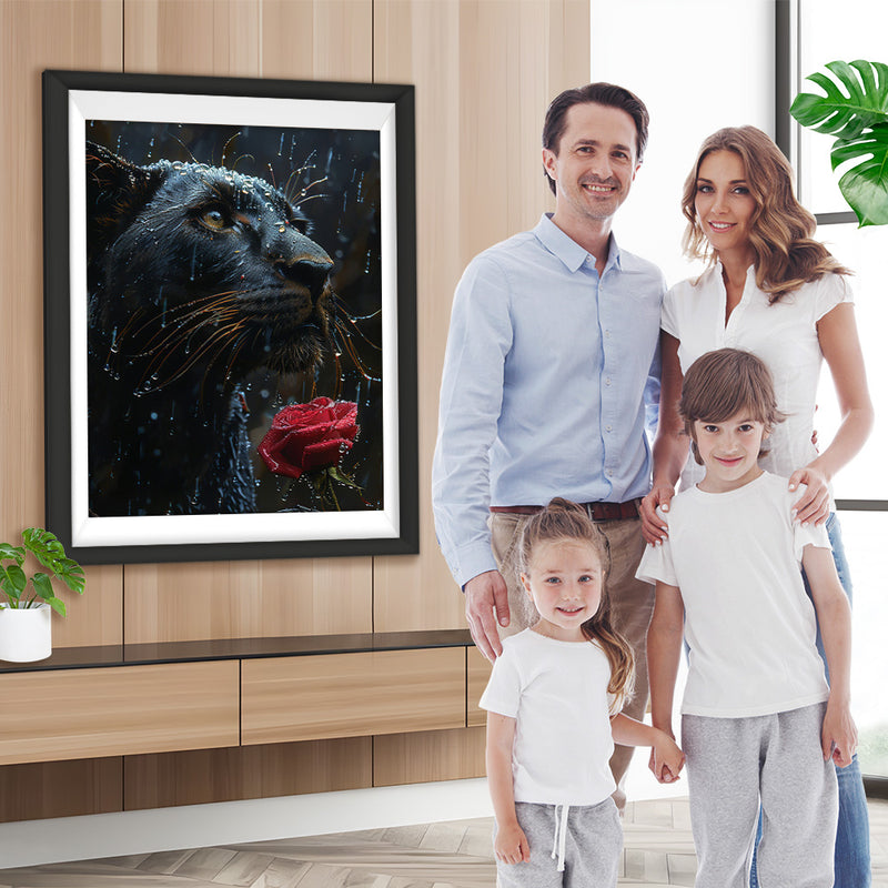 Schwarzer Panther und Rote Rose im Regen Diamond Painting