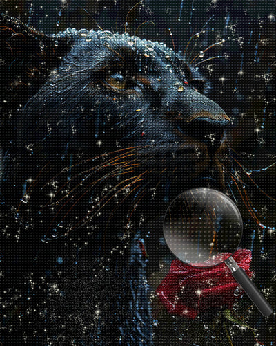 Schwarzer Panther und Rote Rose im Regen Diamond Painting