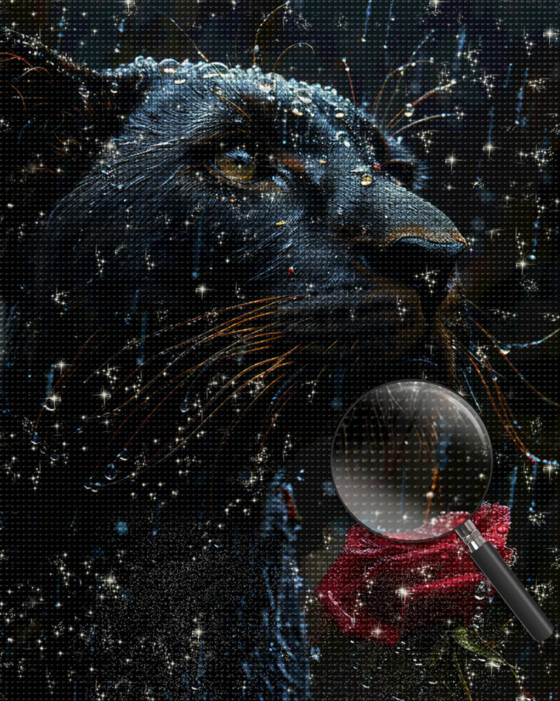 Schwarzer Panther und Rote Rose im Regen Diamond Painting