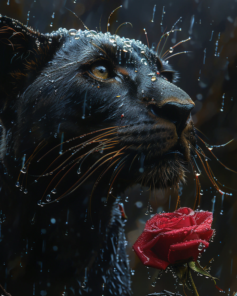 Schwarzer Panther und Rote Rose im Regen Diamond Painting