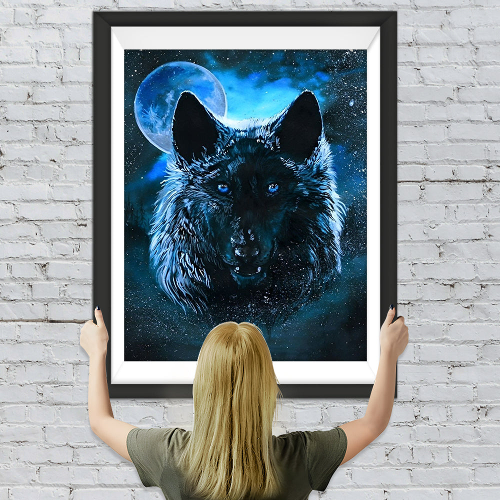 Schwarzer Wolf unter dem Vollmond Diamond Painting