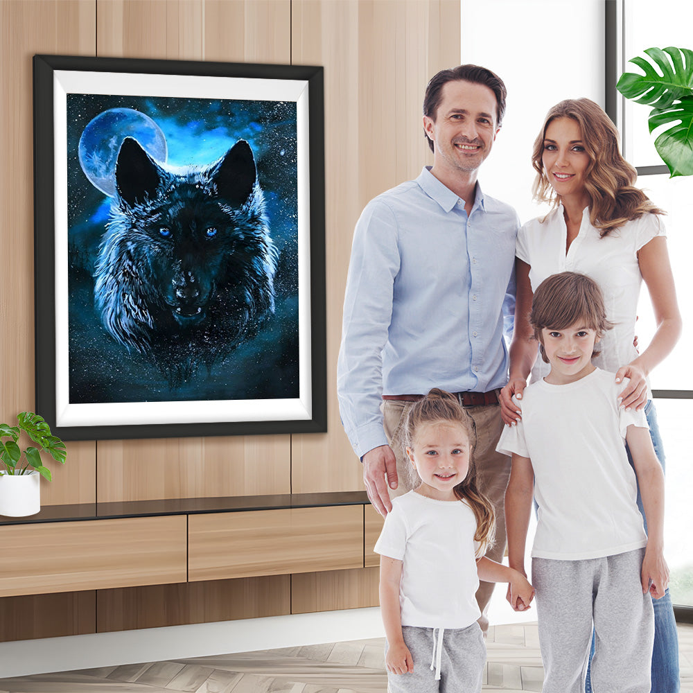 Schwarzer Wolf unter dem Vollmond Diamond Painting